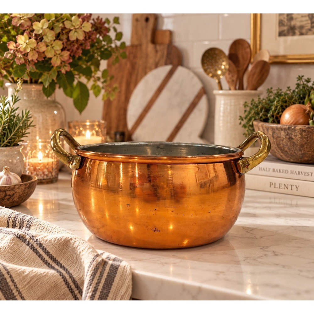 Vintage Copper Pot with Brass Handles Lined Round Stock Pot Farmhouse Decor